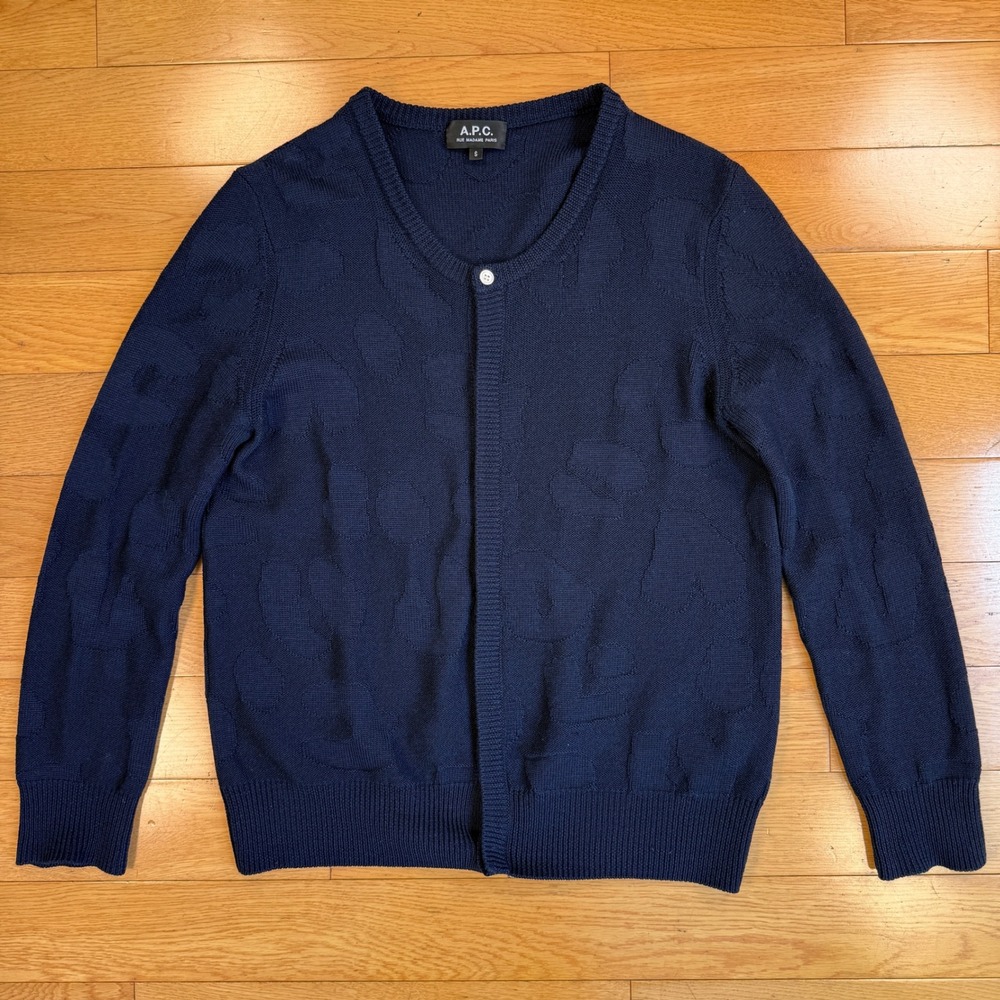 APC‎ Womens Small Navy Blue 100% Wool Jacquard Abstract Pattern Cardigan Sweater